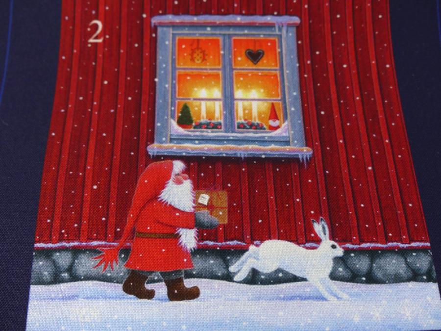 Patchworkstoff Tomtens Village Panel Adventskalender Detailansicht Haus